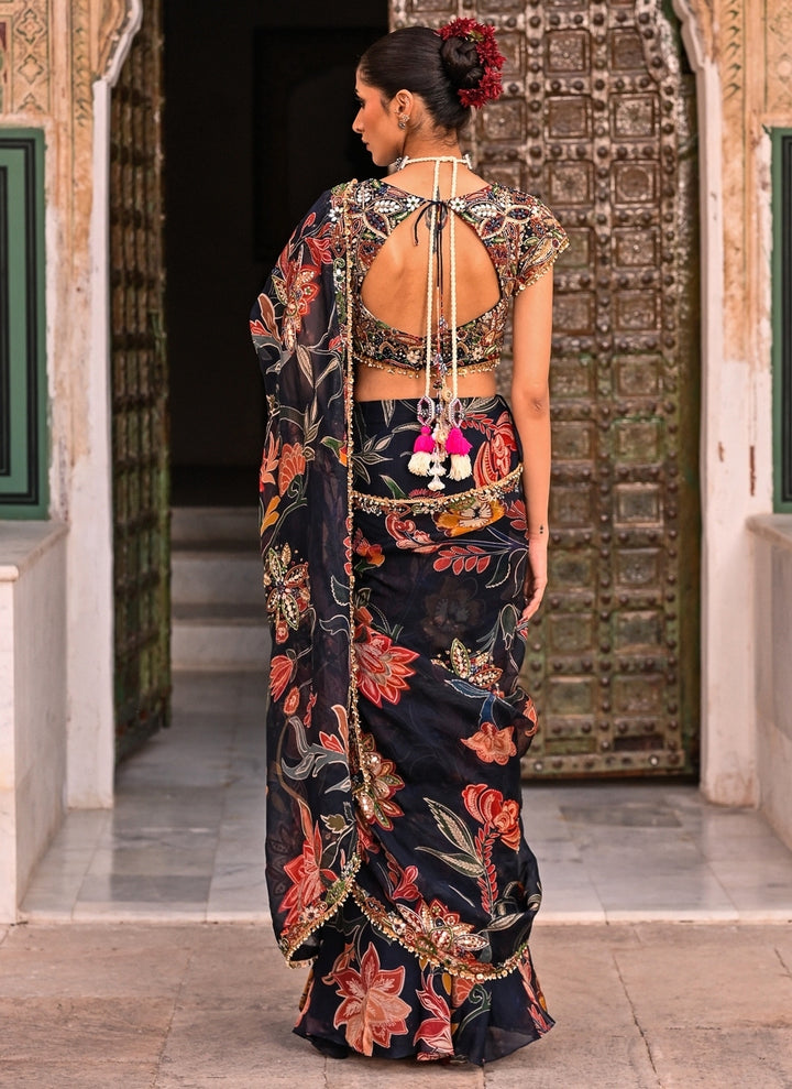 Midnight Blue Printed Organza Pre-Draped Saree