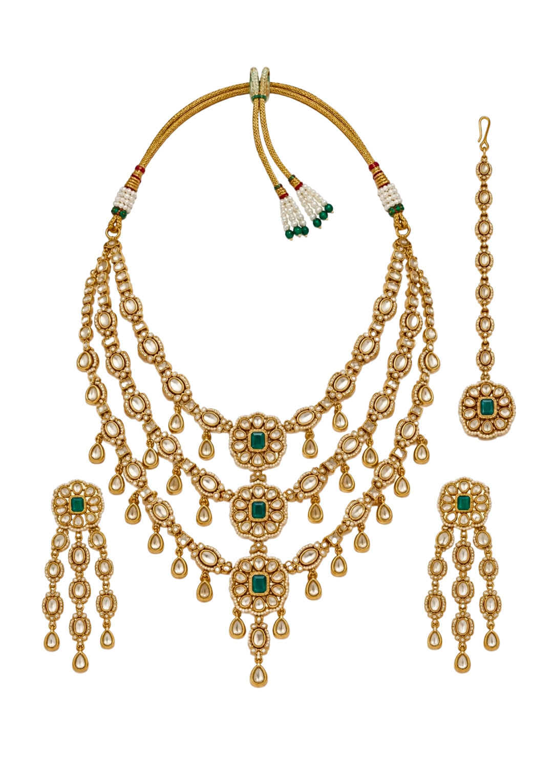 Three Layer Emerald Kundan Necklace Set