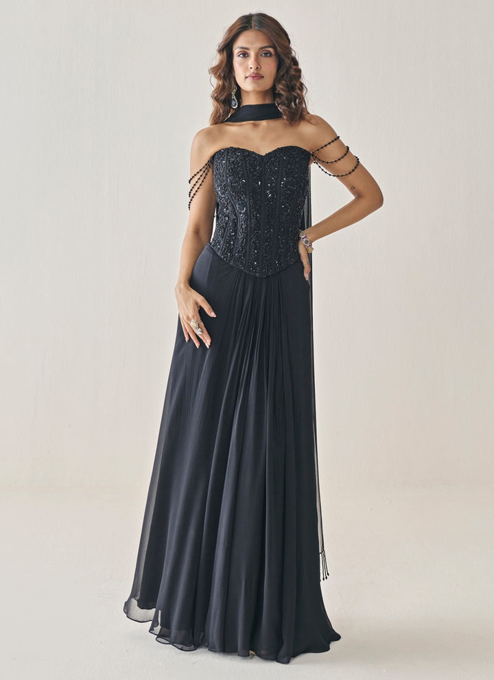 Black Georgette Corset Lehenga Set