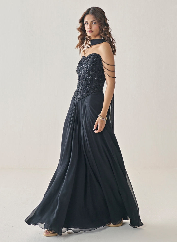 Black Georgette Corset Lehenga Set