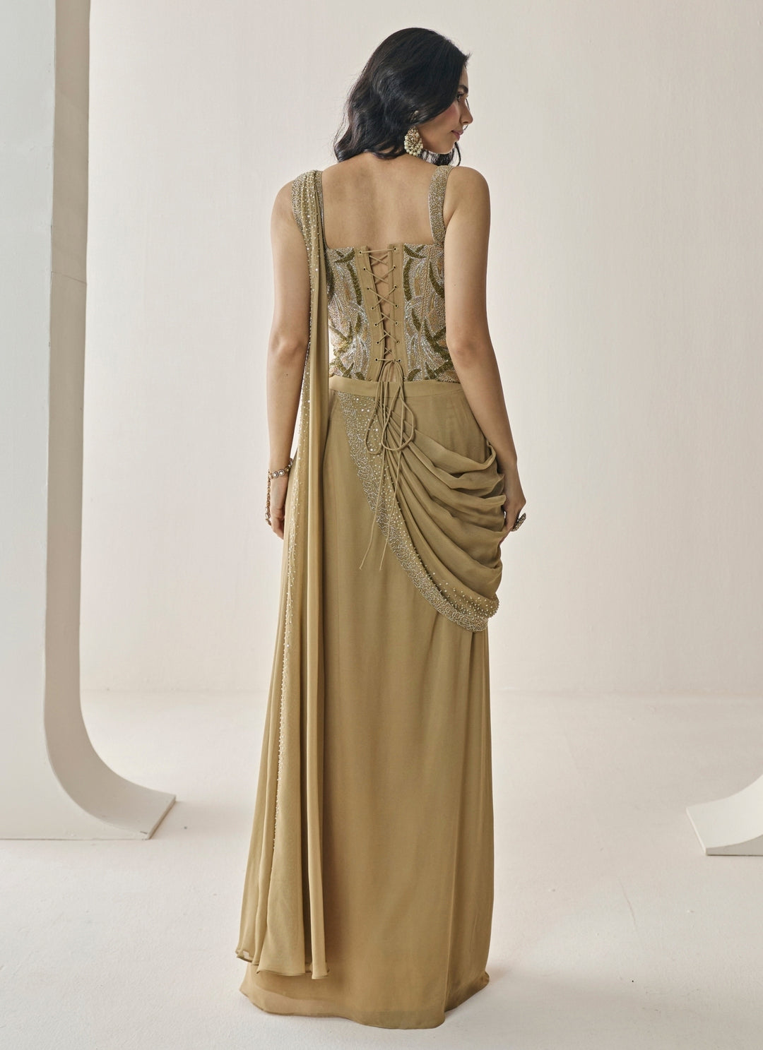 Gold Georgette Pre-Draped Saree With Corset