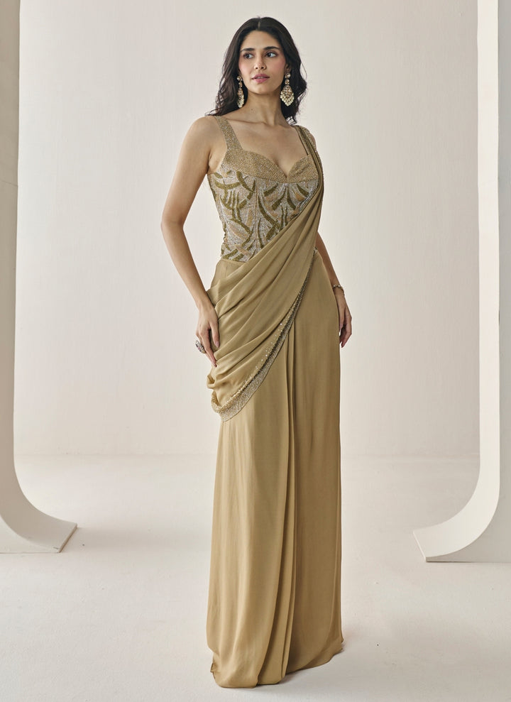 Gold Georgette Pre-Draped Saree With Corset