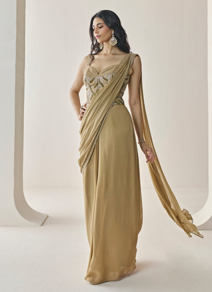 Gold Georgette Pre-Draped Saree With Corset
