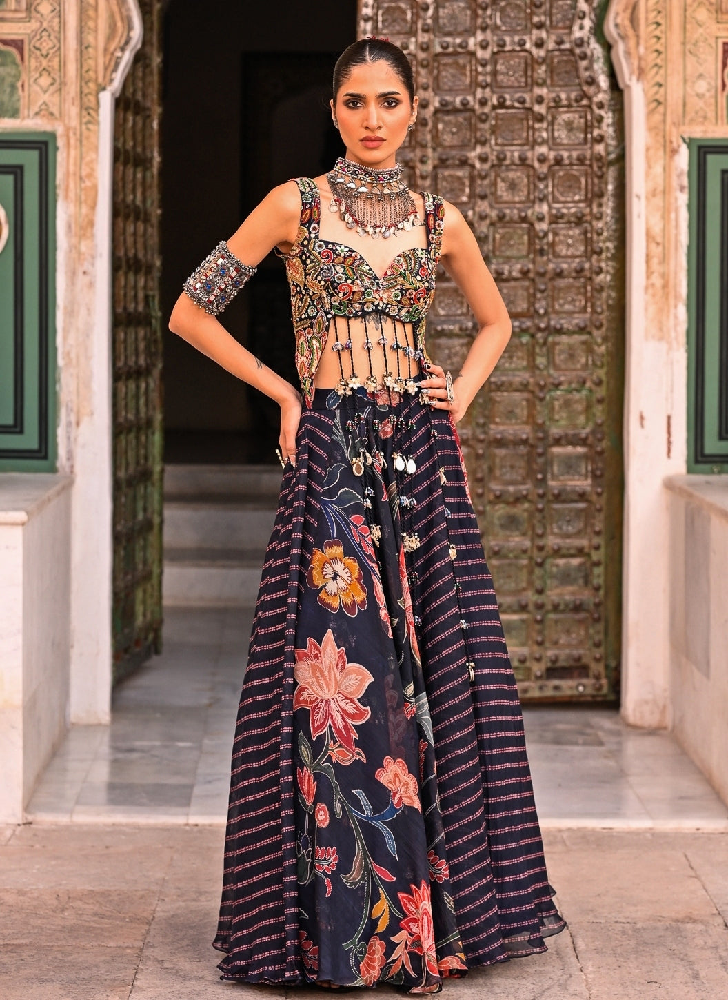 Midnight Blue Printed Organza Lehenga Set