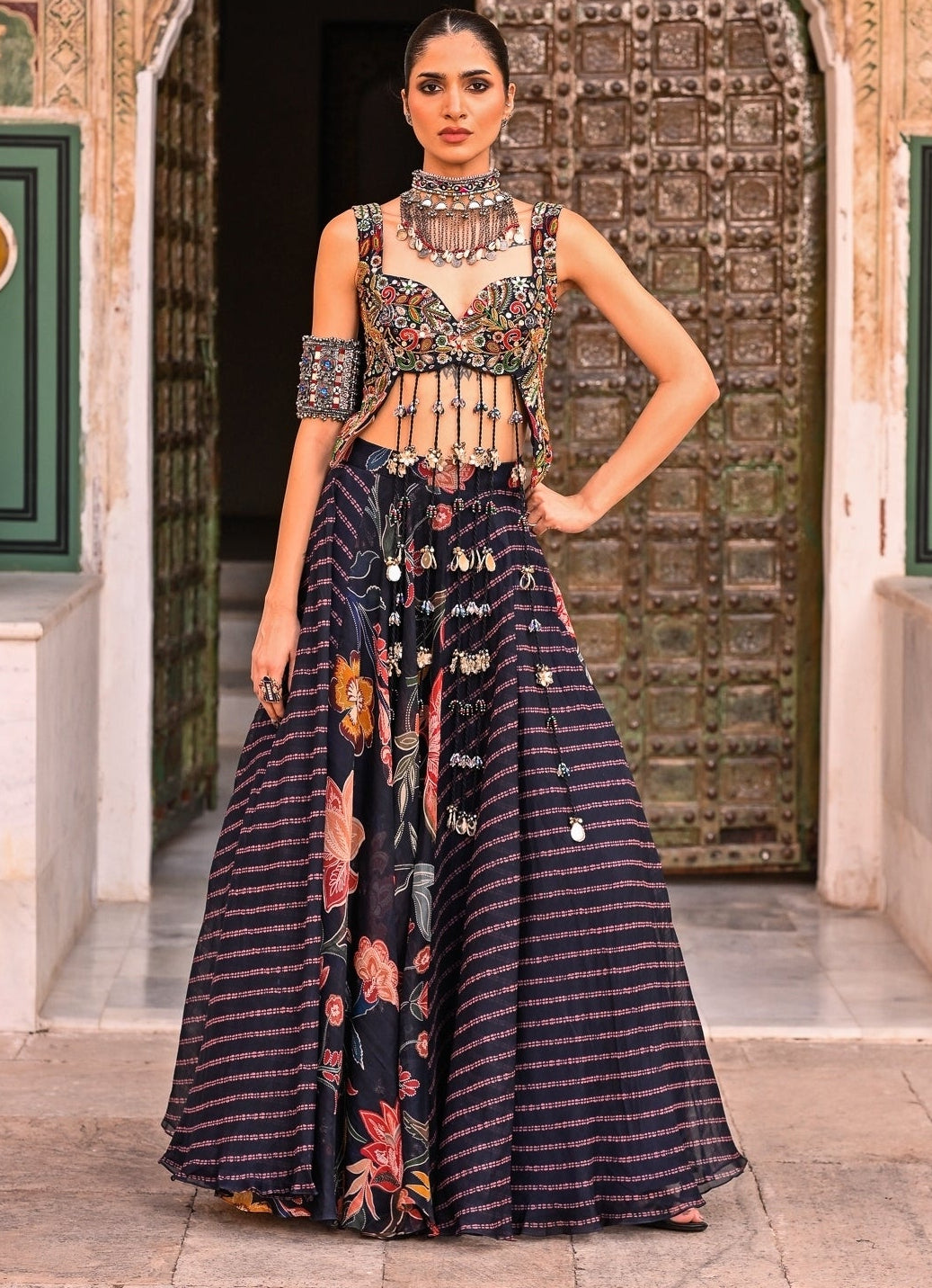 Midnight Blue Printed Organza Lehenga Set