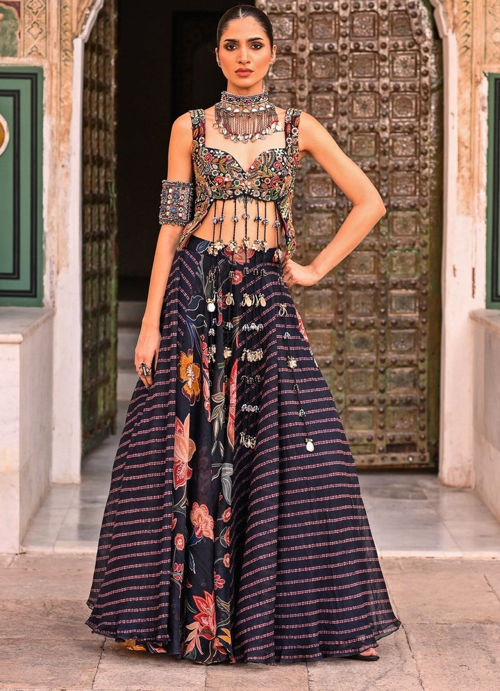 Midnight Blue Printed Organza Lehenga Set