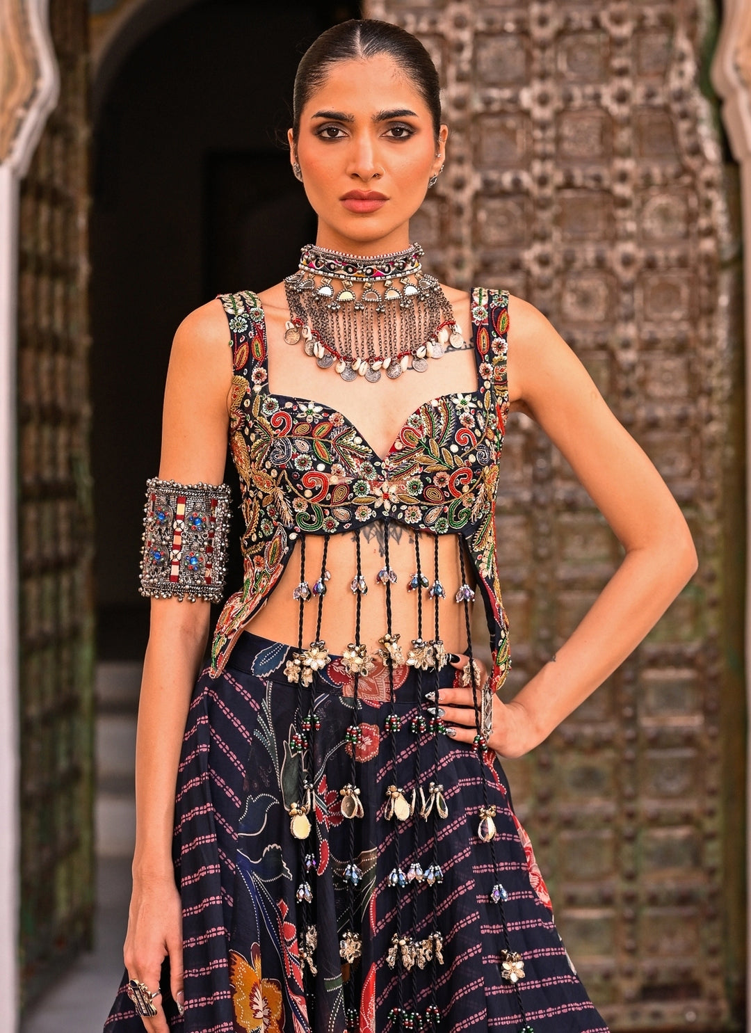 Midnight Blue Printed Organza Lehenga Set