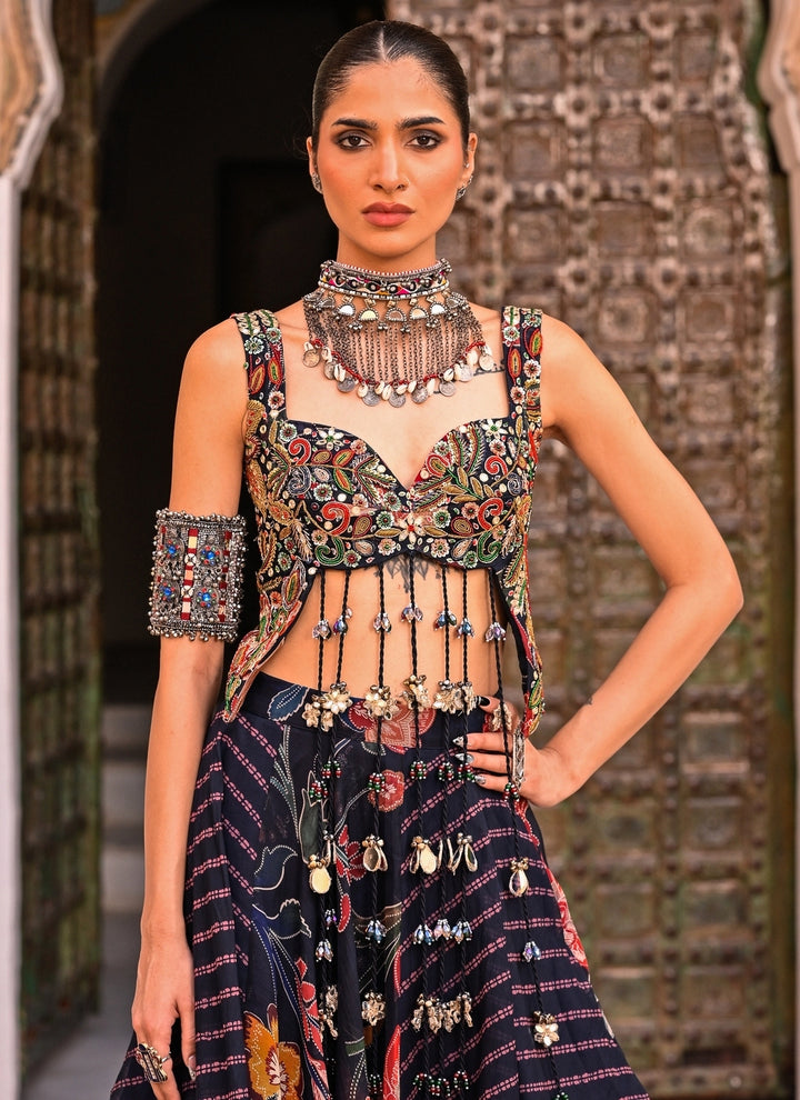 Midnight Blue Printed Organza Lehenga Set