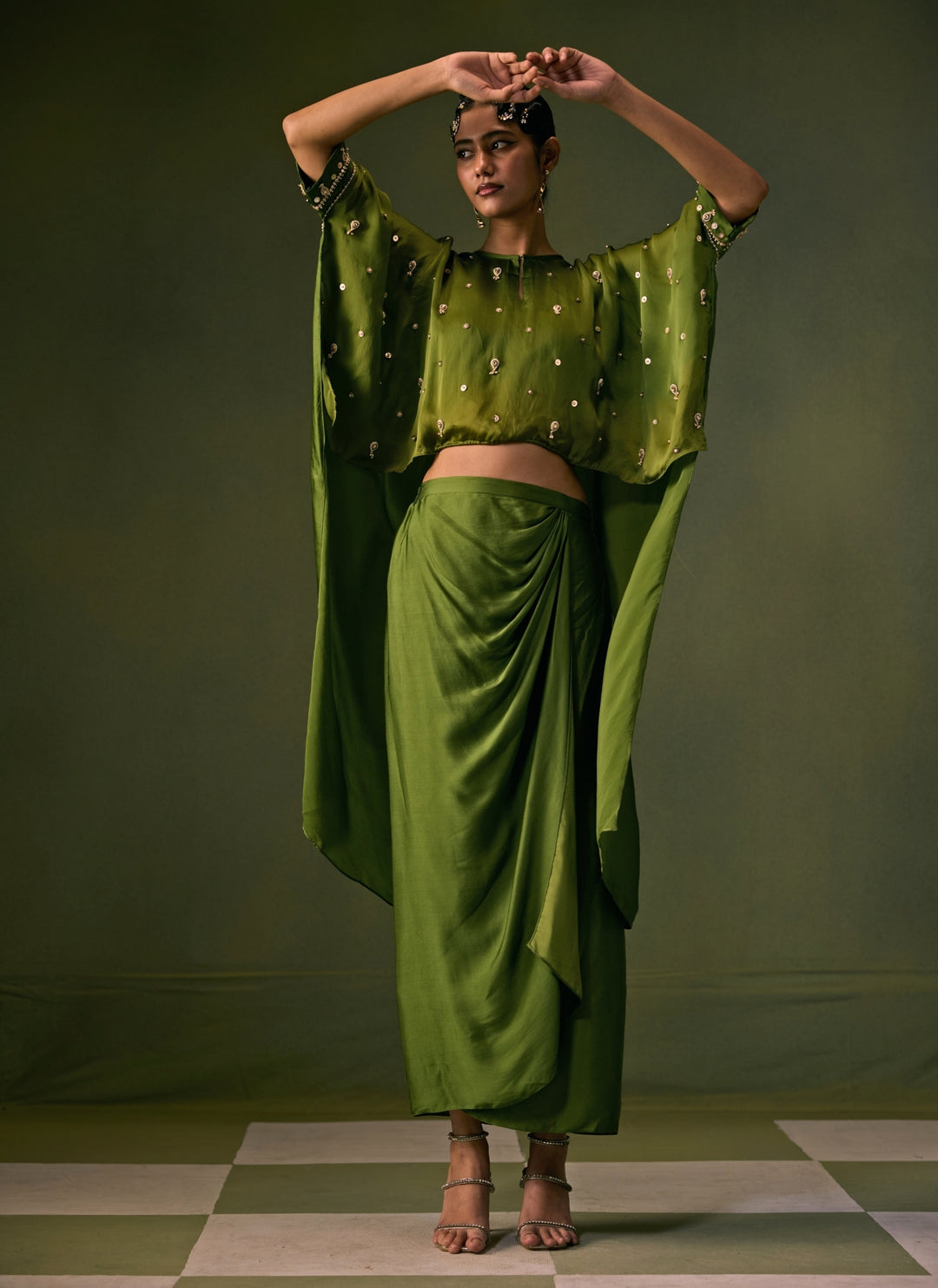 Green Satin Drape Skirt Set