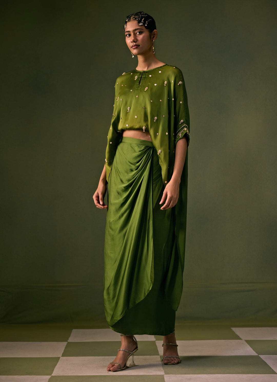 Green Satin Drape Skirt Set