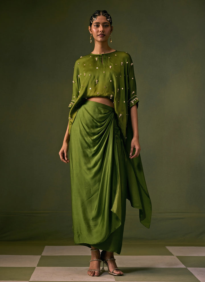Green Satin Drape Skirt Set