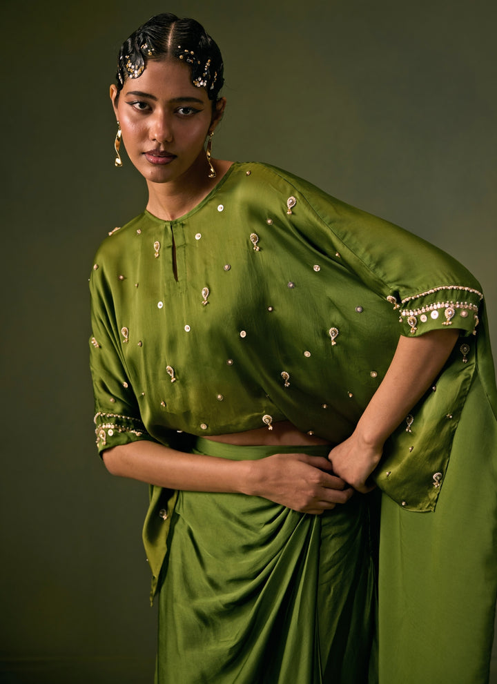 Green Satin Drape Skirt Set