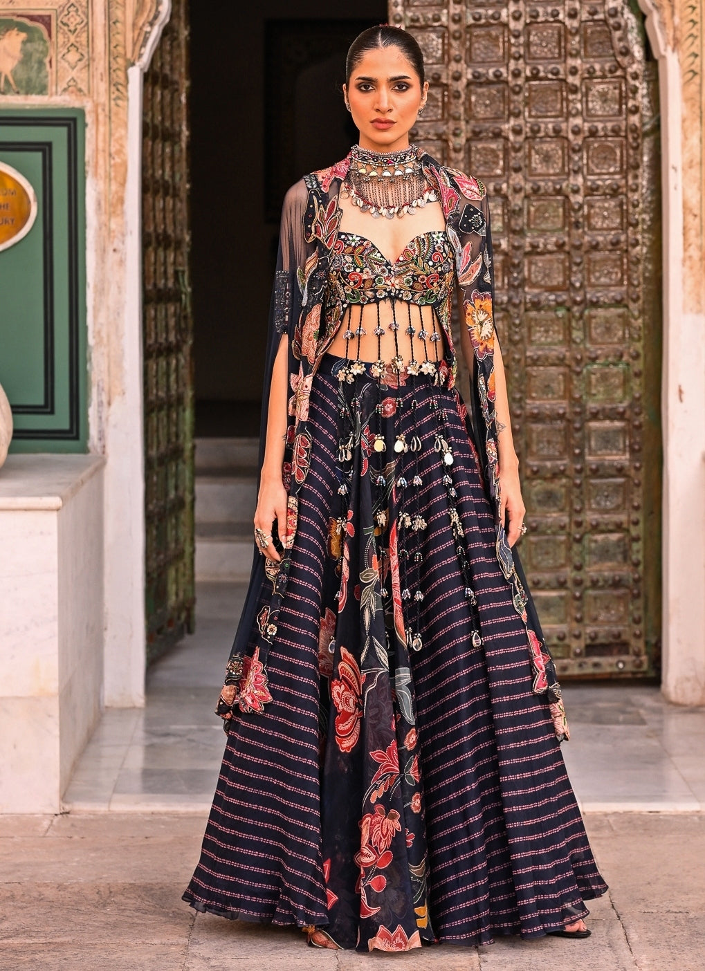 Midnight Blue Printed Organza Lehenga Set With Cape
