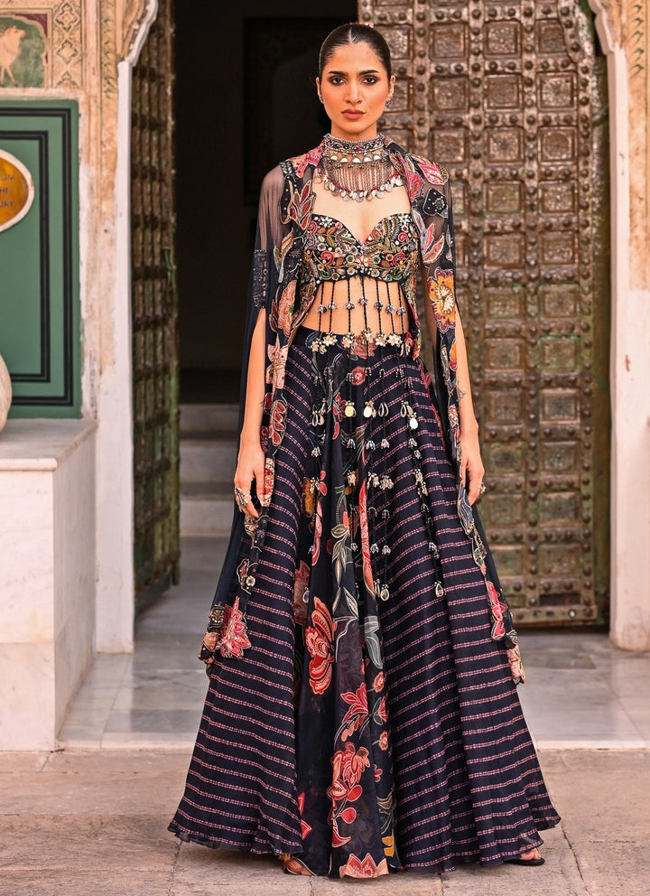 Midnight Blue Printed Organza Lehenga Set With Cape