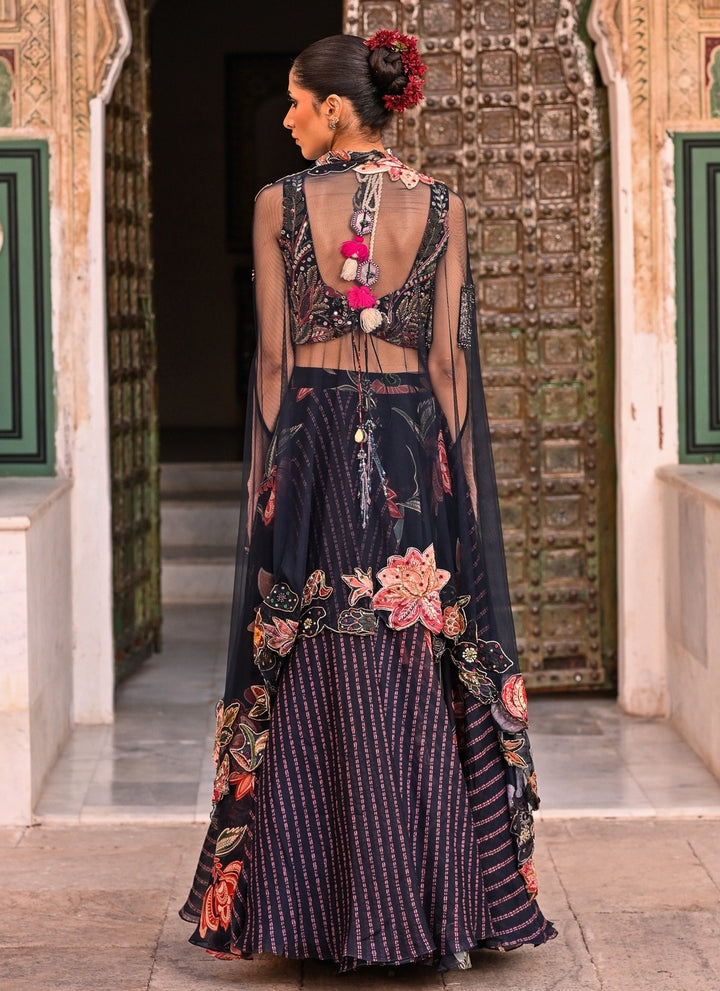 Midnight Blue Printed Organza Lehenga Set With Cape