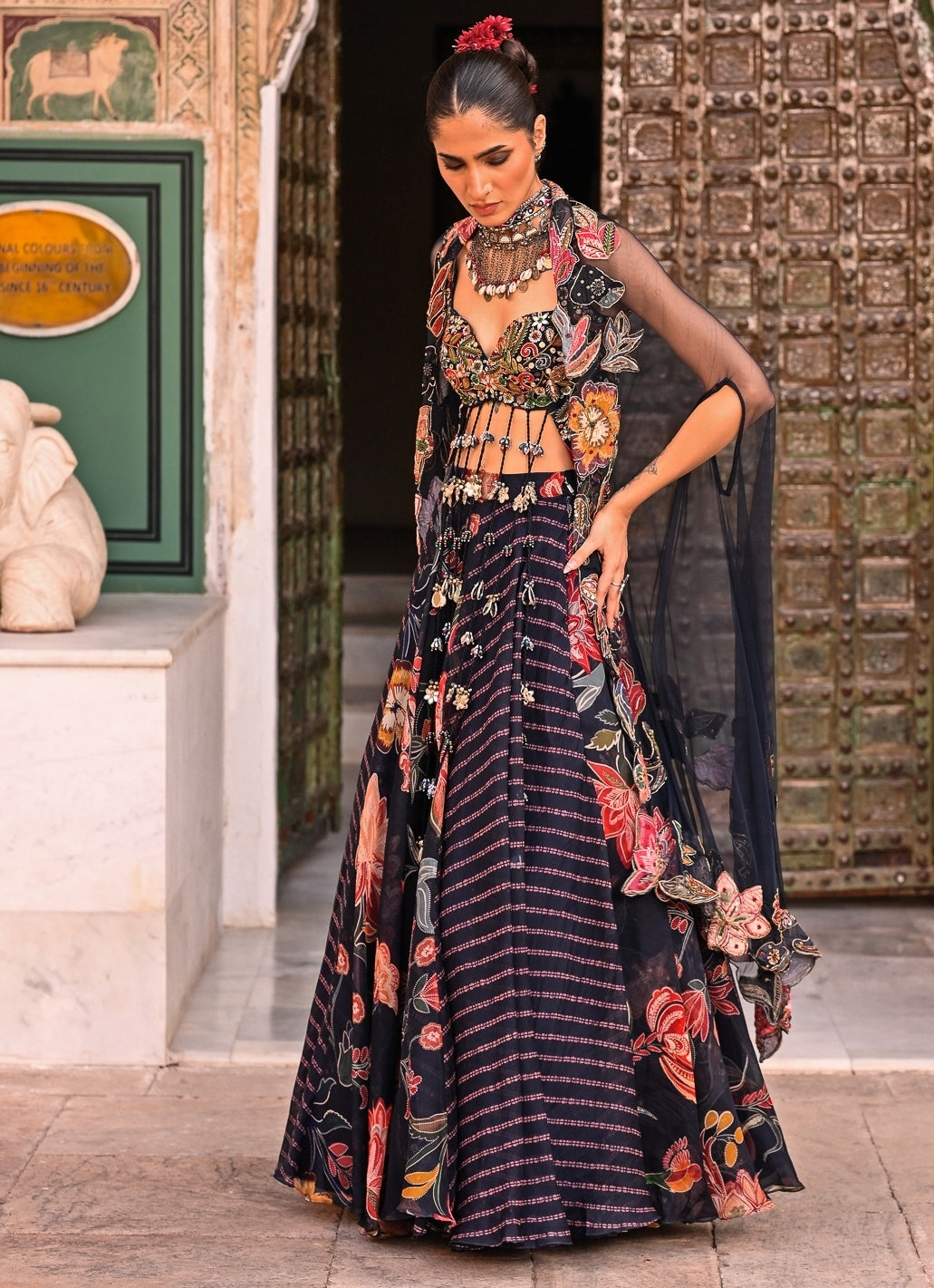 Midnight Blue Printed Organza Lehenga Set With Cape