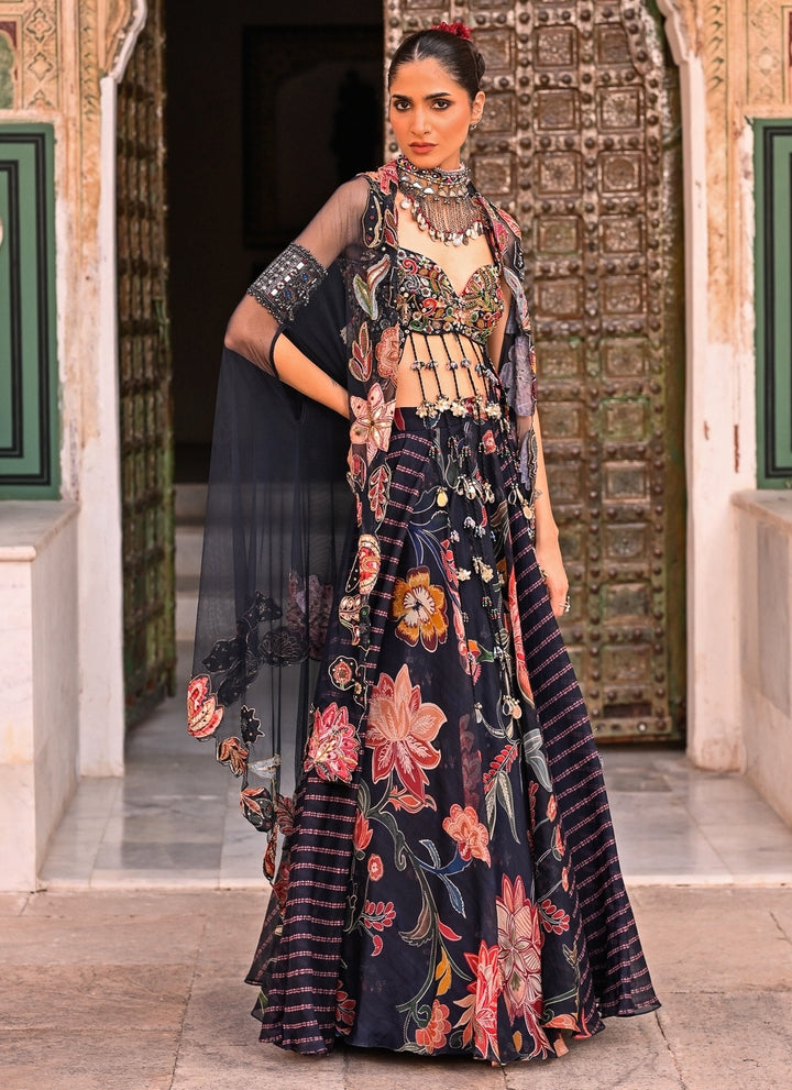 Midnight Blue Printed Organza Lehenga Set With Cape
