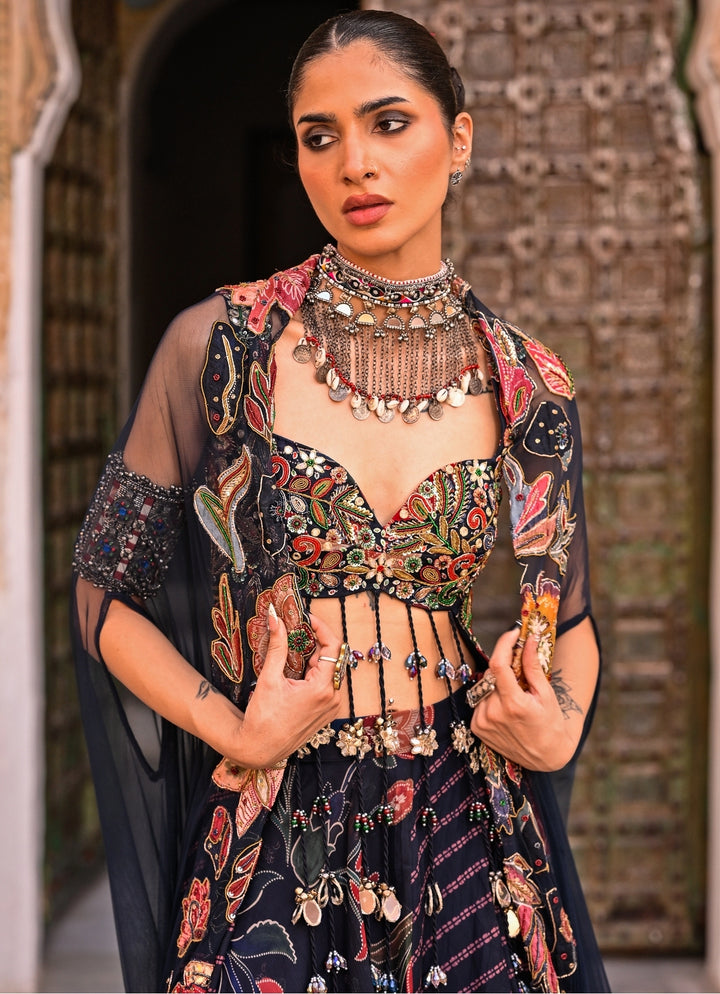 Midnight Blue Printed Organza Lehenga Set With Cape