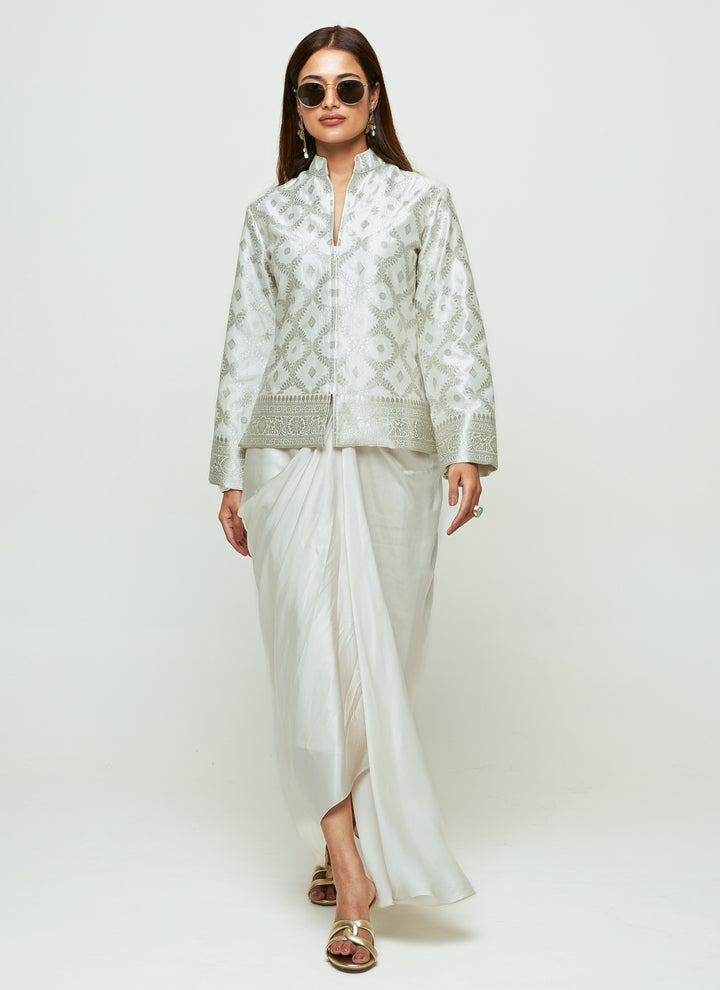 Ivory Brocade Silk Jacket With Drape Skirt Set