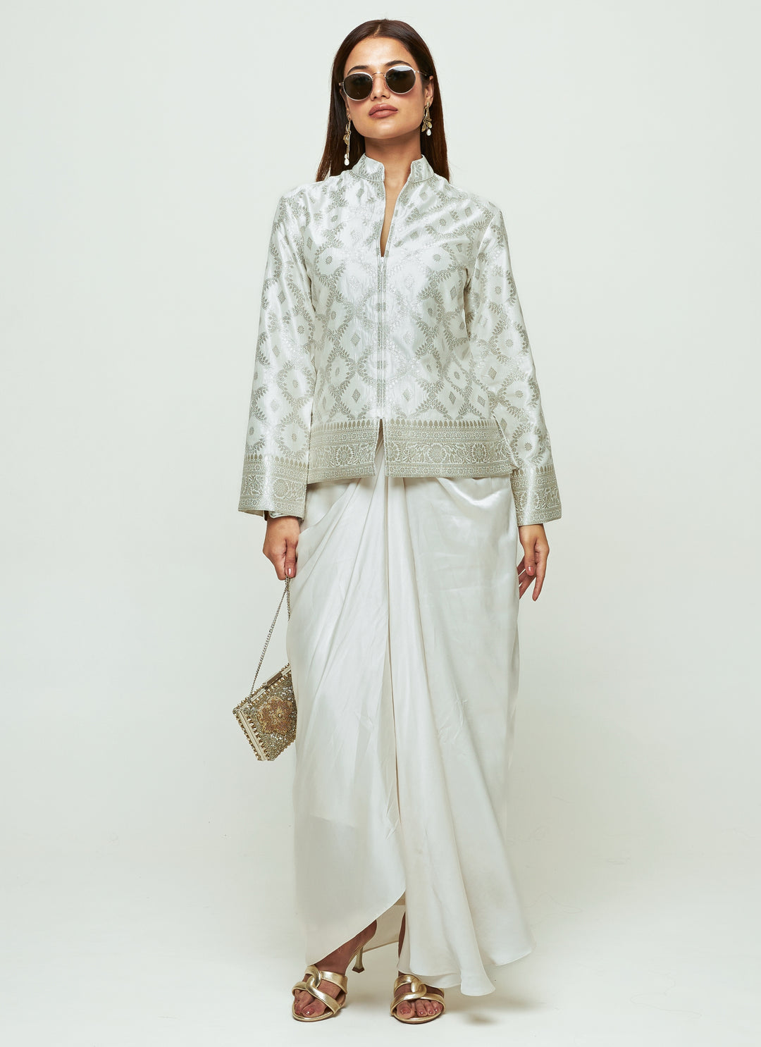Ivory Brocade Silk Jacket With Drape Skirt Set