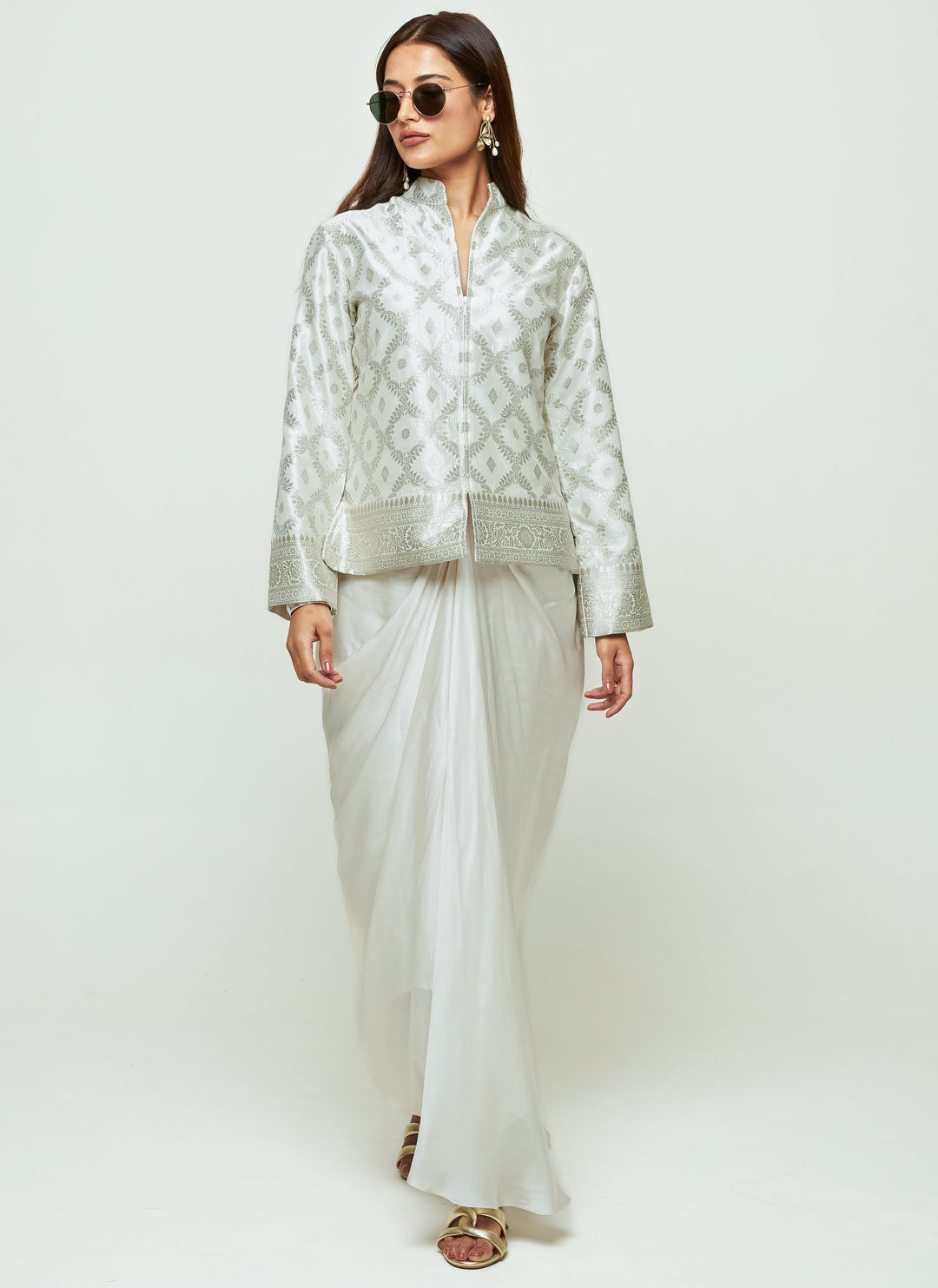 Ivory Brocade Silk Jacket With Drape Skirt Set