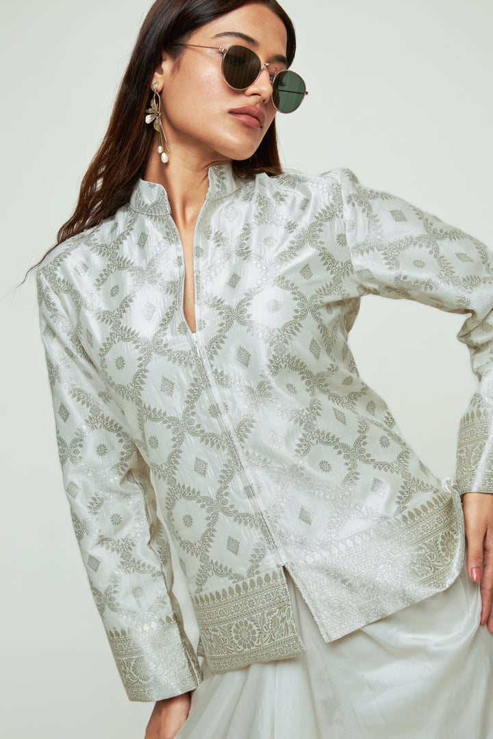 Ivory Brocade Silk Jacket With Drape Skirt Set