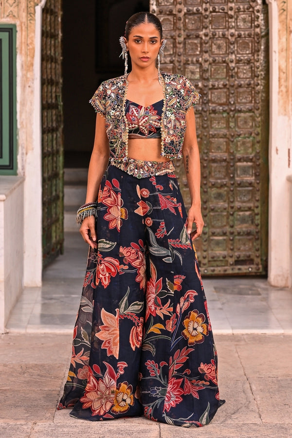 Juhi Bengani midnight blue printed organza jacket pants set for a post wedding party