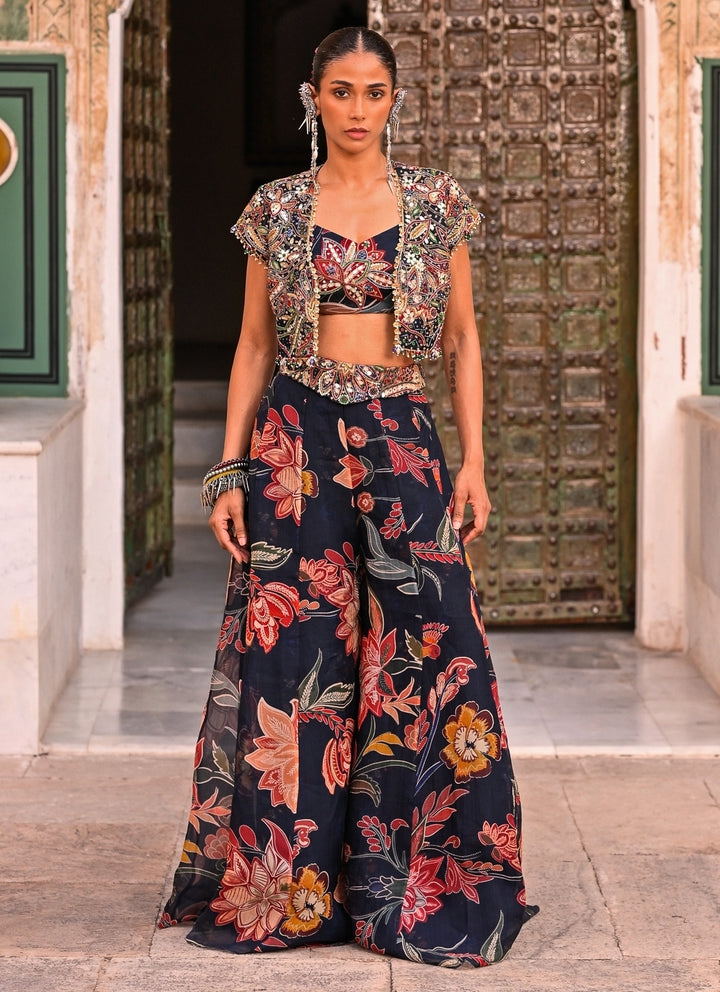 Midnight Blue Printed Organza Jacket Pants Set