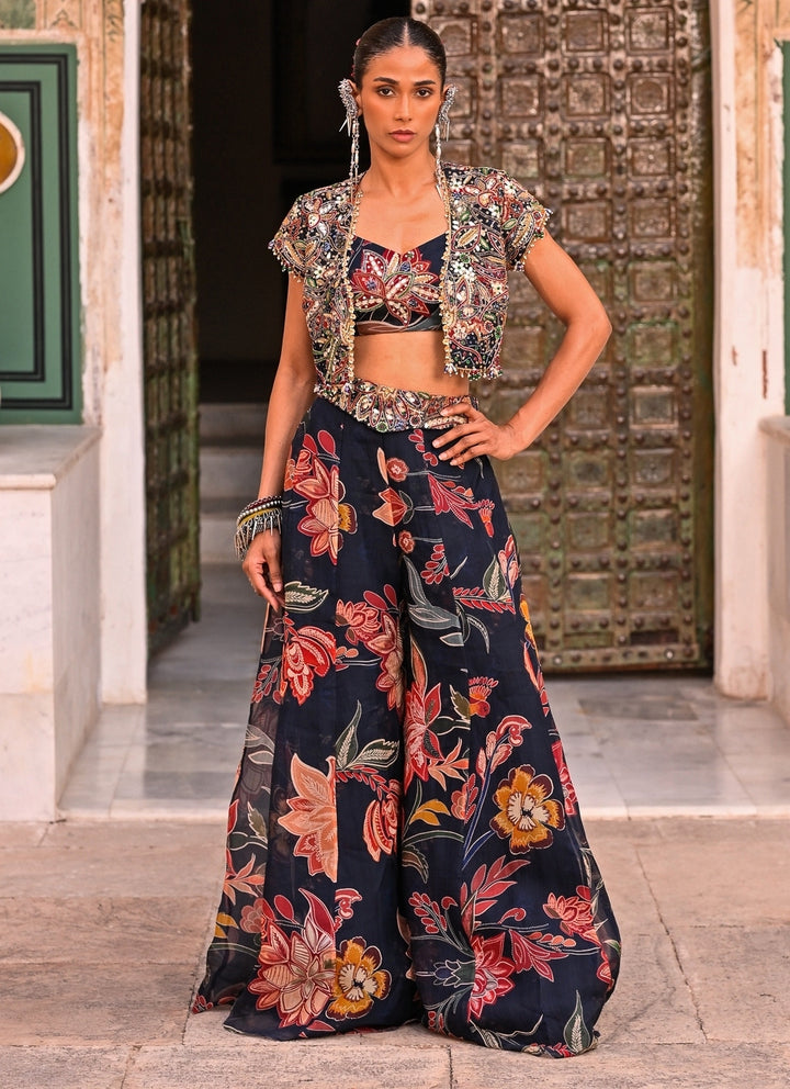 Midnight Blue Printed Organza Jacket Pants Set