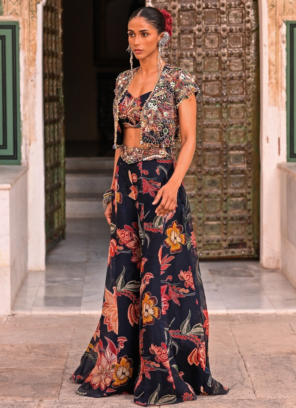 Midnight Blue Printed Organza Jacket Pants Set