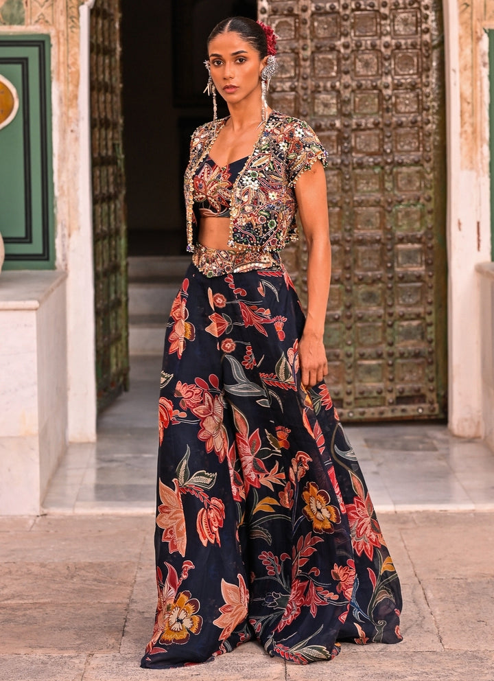 Midnight Blue Printed Organza Jacket Pants Set
