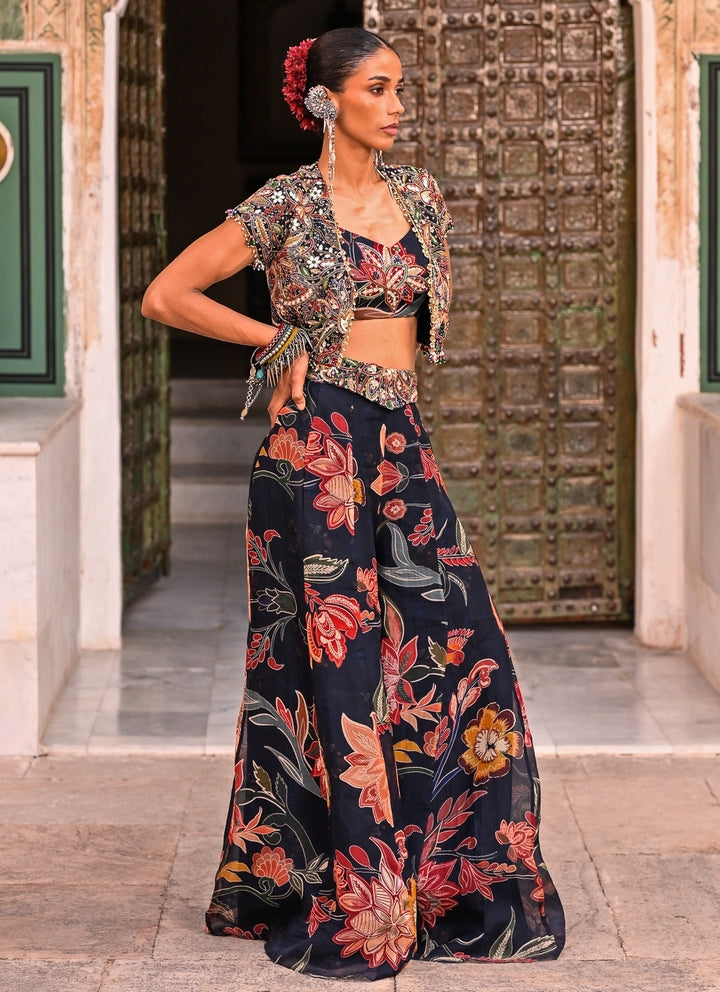 Midnight Blue Printed Organza Jacket Pants Set
