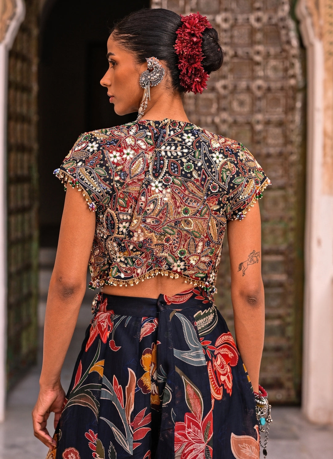 Midnight Blue Printed Organza Jacket Pants Set