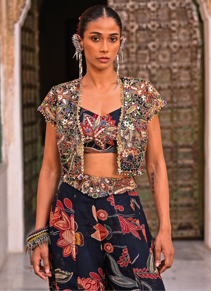 Midnight Blue Printed Organza Jacket Pants Set