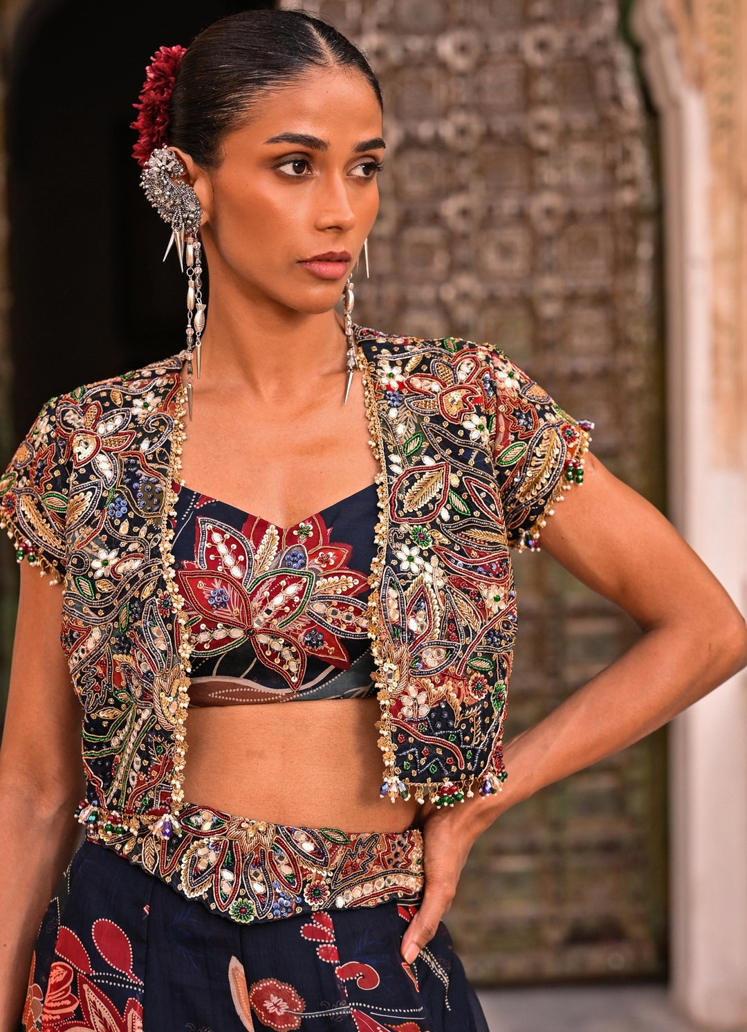 Midnight Blue Printed Organza Jacket Pants Set