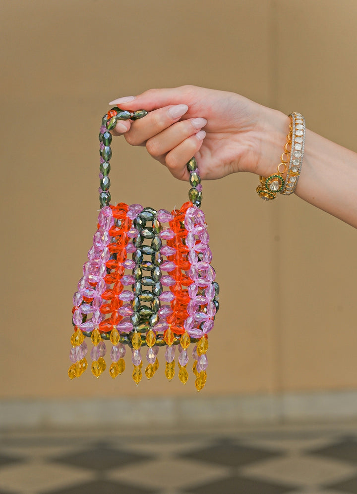 Lilac And Multicolour Crystal Tassel Potli