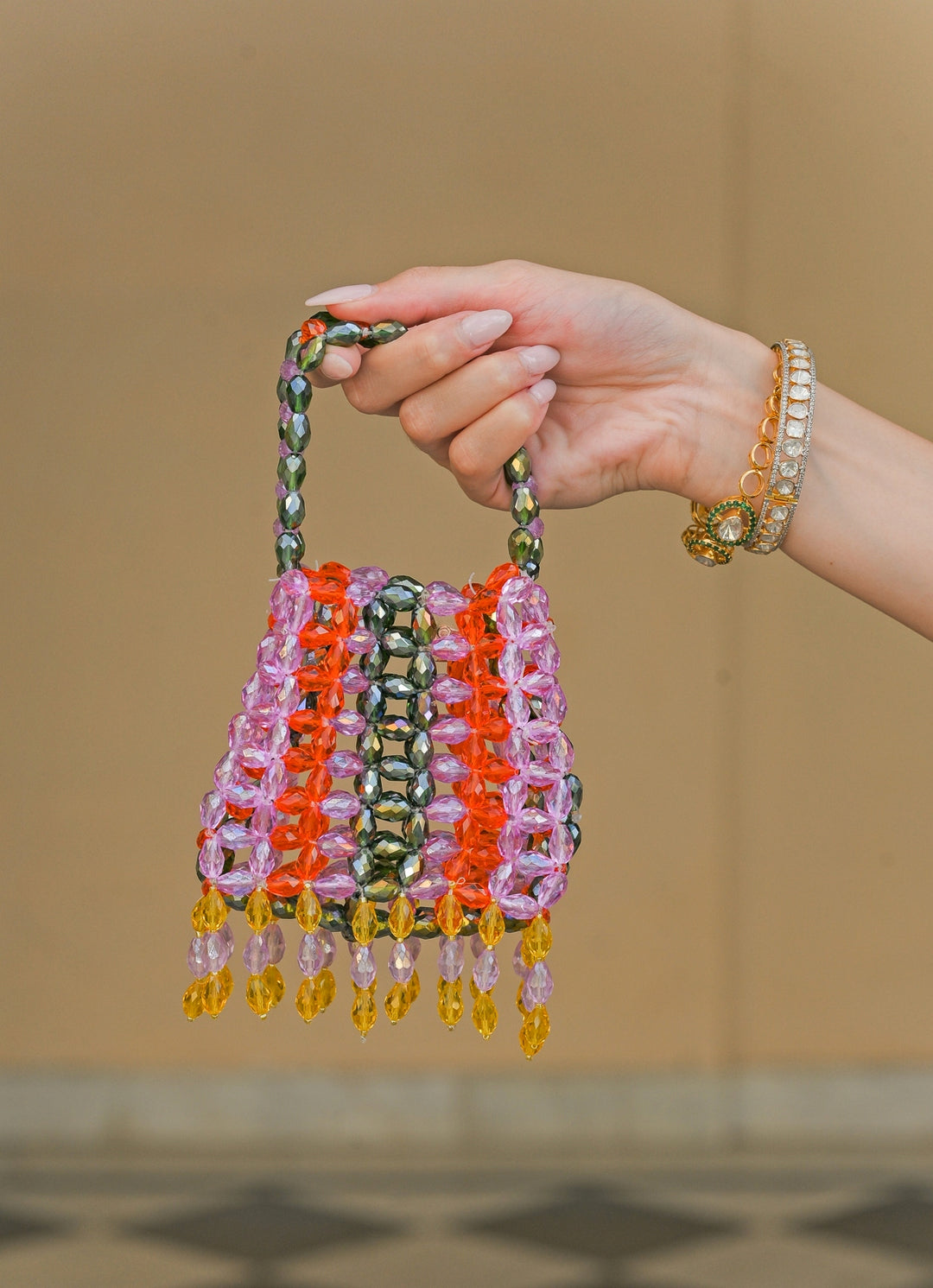 Lilac And Multicolour Crystal Tassel Potli
