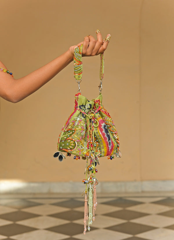 Green Printed Mirrorwork Organza Potli