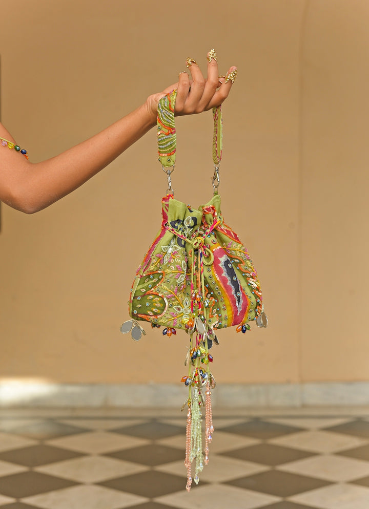 Green Printed Mirrorwork Organza Potli