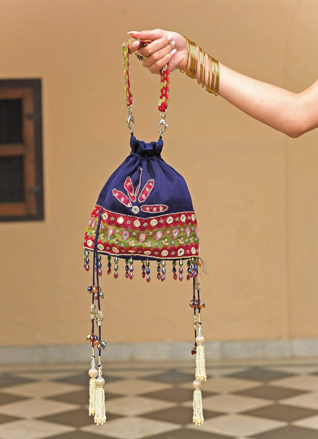 Navy Blue Mirrorwork Organza Potli