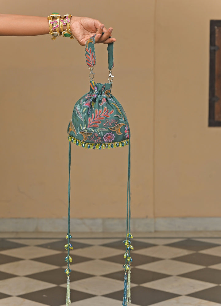 Rama Green Printed Organza Potli