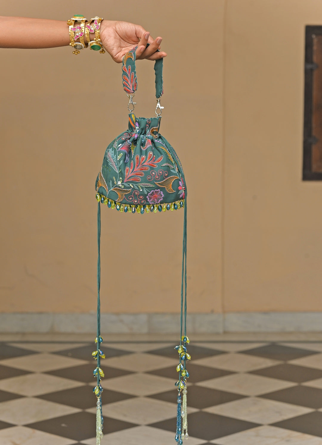 Rama Green Printed Organza Potli