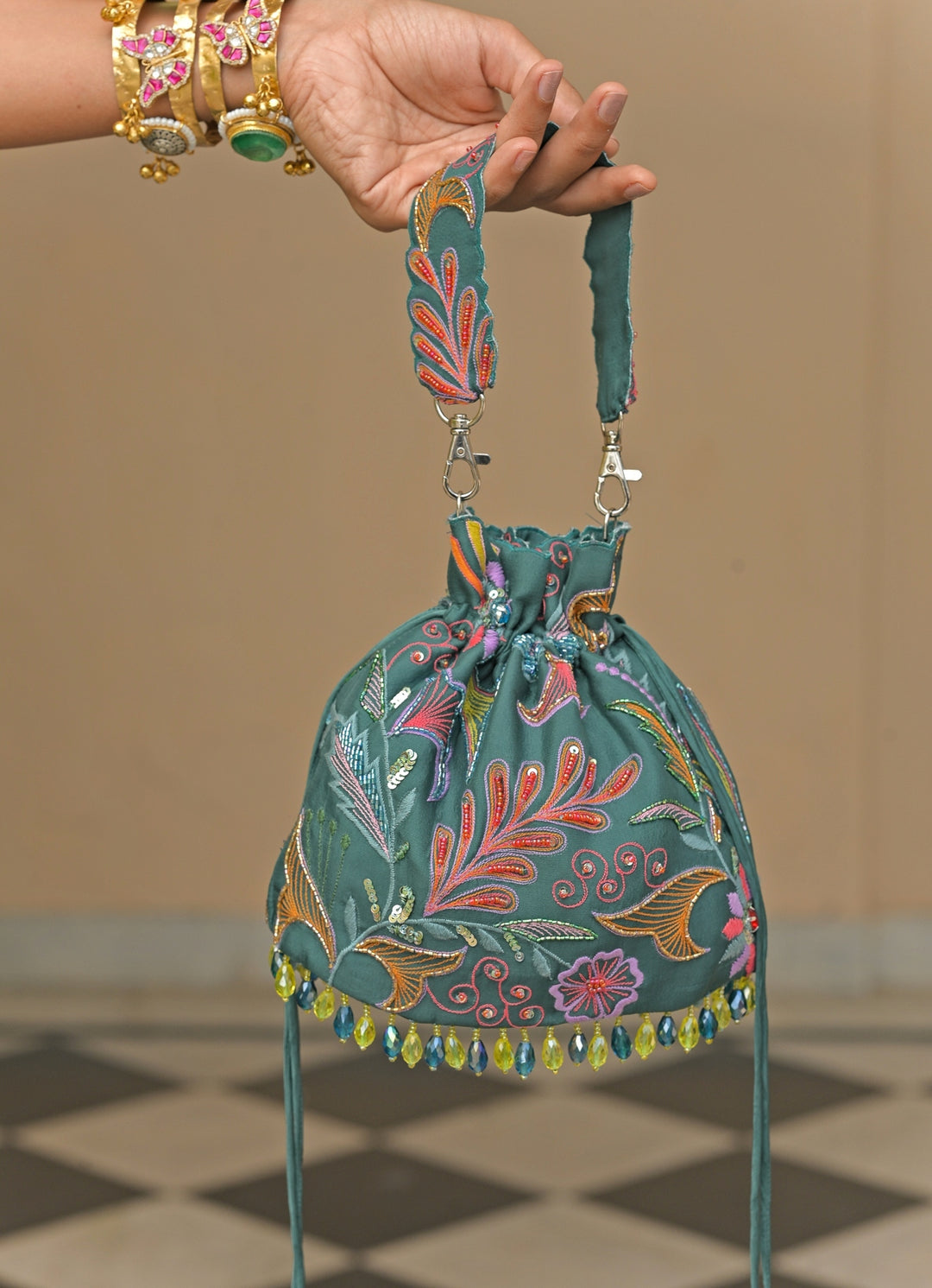 Rama Green Printed Organza Potli