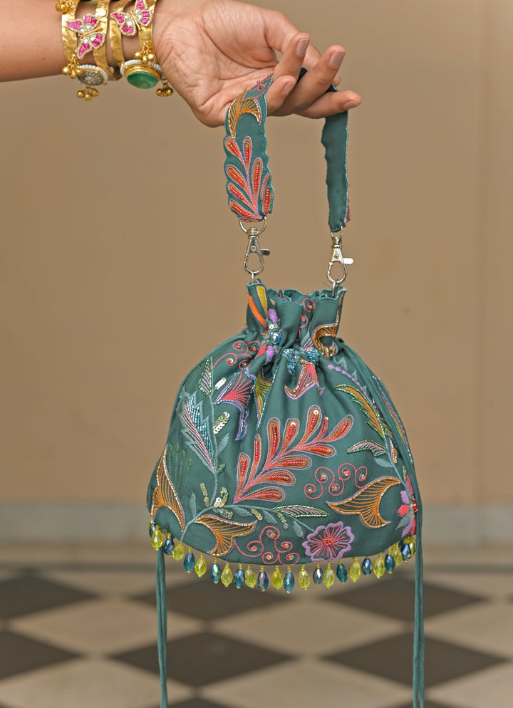 Rama Green Printed Organza Potli