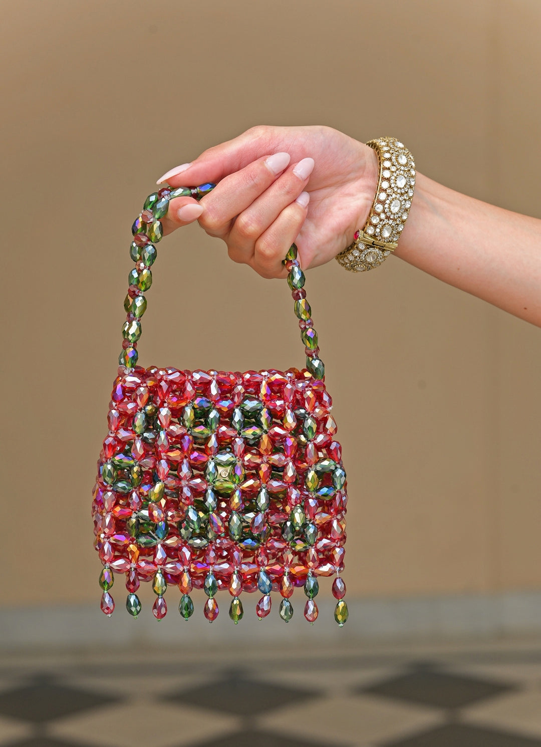 Red And Multicolor Crystal Tassel Potli