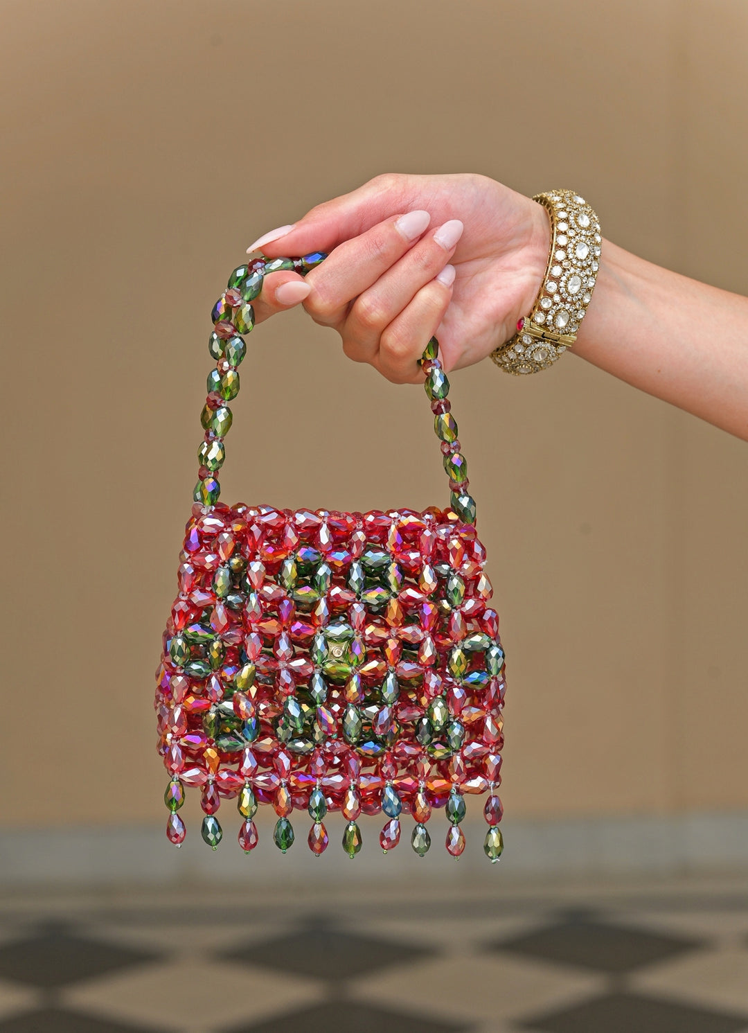 Red And Multicolor Crystal Tassel Potli