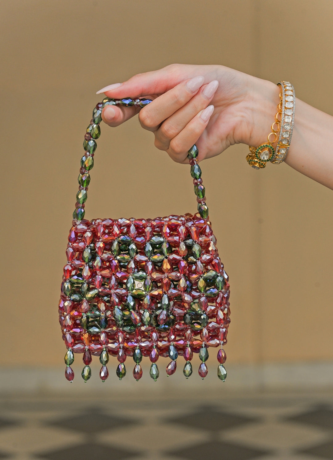 Red And Multicolor Crystal Tassel Potli
