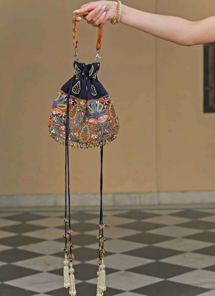 Orange And Navy Blue Organza Potli