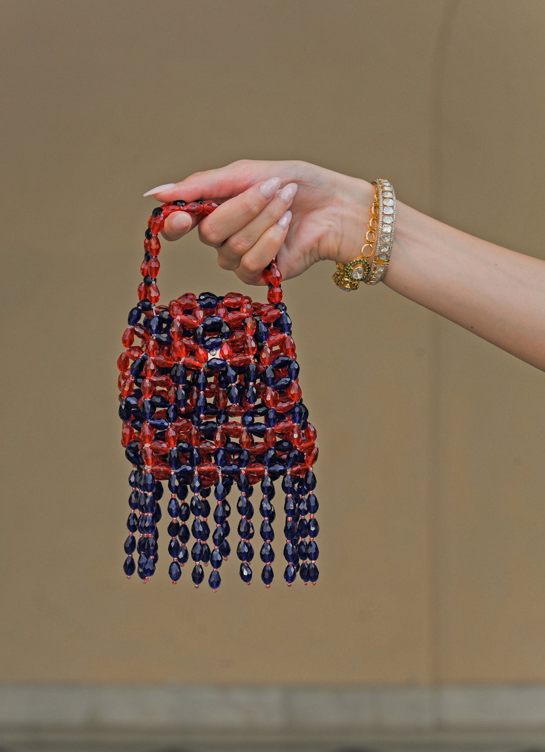 Red And Navy Blue Crystal Tassel Potli