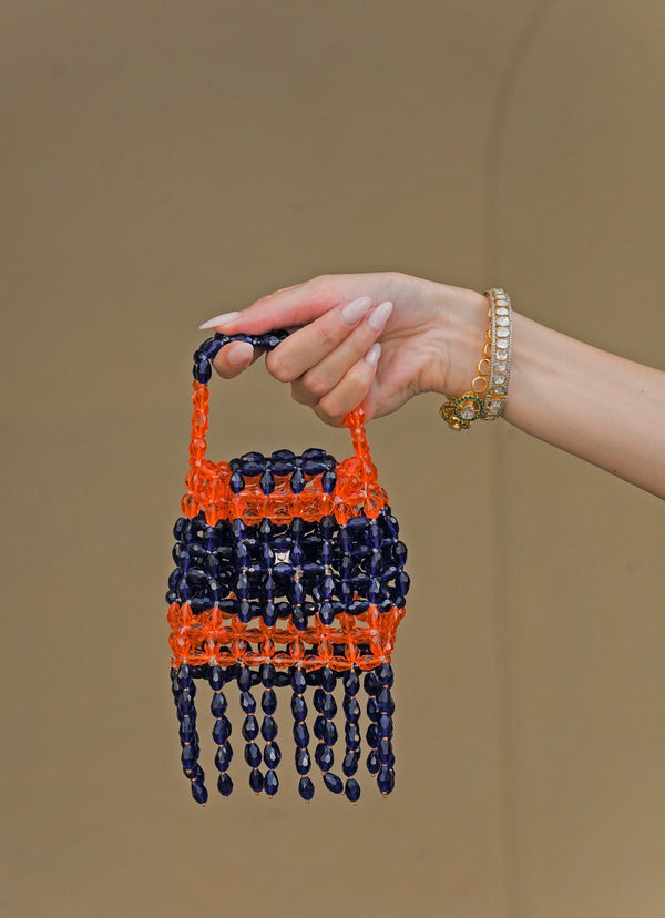 Orange And Navy Blue Crystal Tassel Potli